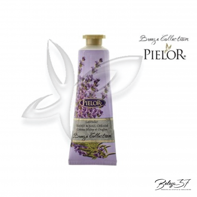 Tubo lilás de creme para mãos e unhas PIELOR com texto e imagem de lavanda