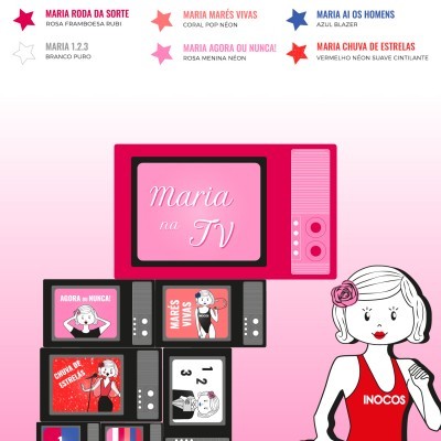Imagem promocional de verniz gel INOCOS com cores nomeadas e desenhos de televisores antigos e personagem feminina.