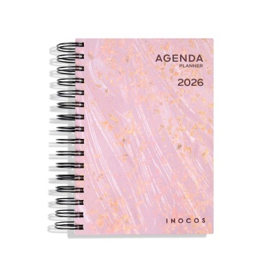 Agenda planner 2026 rosa com detalhes dourados e encadernação espiral preta