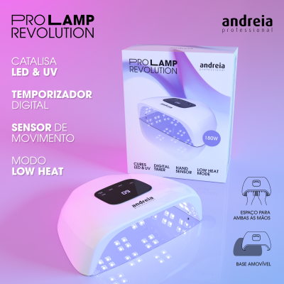 Equipamento de manicure branco com LEDs para cura de verniz gel e embalagem associada.