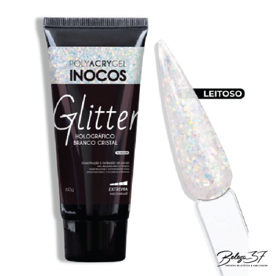 Tubo de Poliacrygel Glitter holográfico branco cristal e unha artificial com brilho holográfico