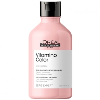Frasco rosa de champô Vitamino Color L'Oréal com tampa preta e rótulo branco