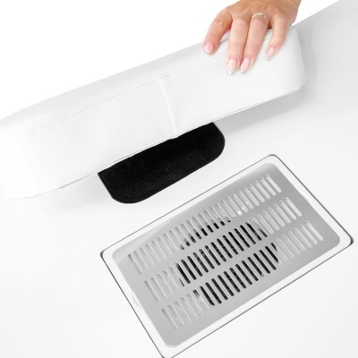 Máquina de manicure branca com almofada e grelha metálica cinzenta