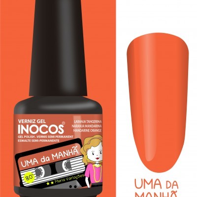 Frasco de verniz gel INOCOS cor laranja tangerina com ilustração e amostra da cor