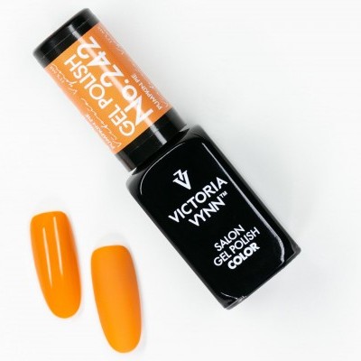 Frasco de verniz gel Victoria Vynn preto com rótulo laranja e amostras de cor laranja