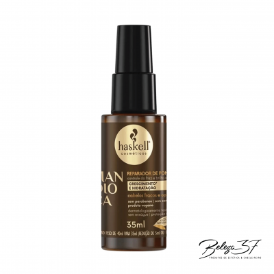 Frasco pequeno de reparador de pontas Haskell Cosméticos com tampa preta e texto em português