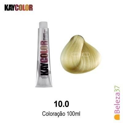 Tube de tinta Kaycolor e amostra de cabelo loiro muito claro 10.0