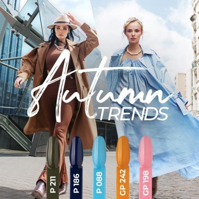 Duas mulheres com roupa de outono em ambiente urbano com texto 'Autumn TRENDS' e amostras de verniz