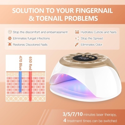 Dispositivo de terapia a laser para unhas com luzes LED e texto explicativo