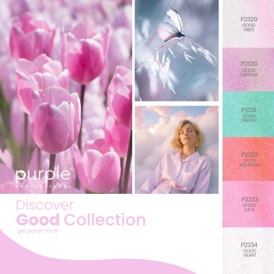 Imagem promocional de colecção de verniz de gel com flores, borboleta, mulher e amostras de cor com códigos e nomes.