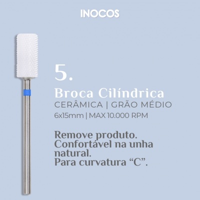 Broca cilíndrica branca com cabo metálico e texto especificativo