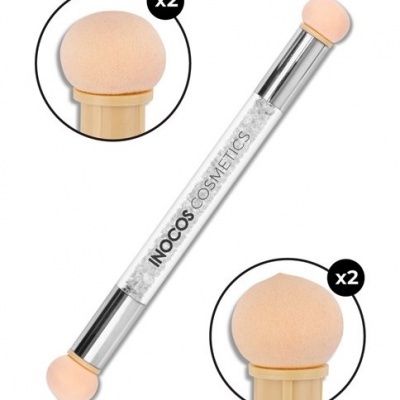 Aplicador de maquilhagem com esponjas redondas cor de pele e cabo transparente com brilho