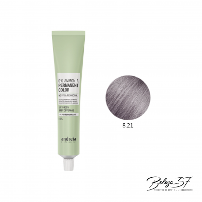Tubo de tinta de cabelo Andreia e amostra de cor 8.21 cinza arroxeado