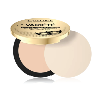 Pó compacto Eveline VARIÉTÉ com embalagem dourada e esponja aplicadora