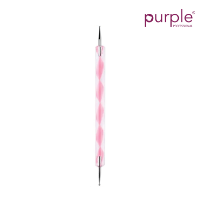 Martelo de unhas em vidro transparente com espiral rosa e pontas metálicas, fundo branco texto purple PROFESSIONAL
