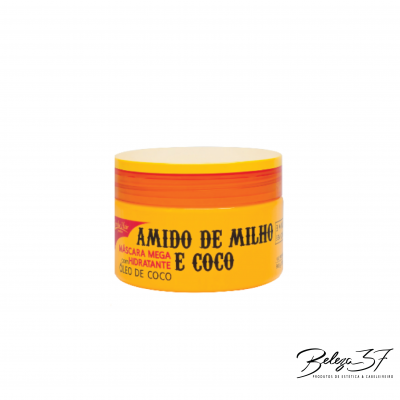 Pote amarelo de máscara hidratante Amido de Milho e Coco sobre fundo branco