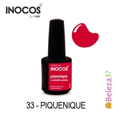 Frasco de verniz gel vermelho carmim INOCOS piquenique 15 ml com rótulo e logotipos