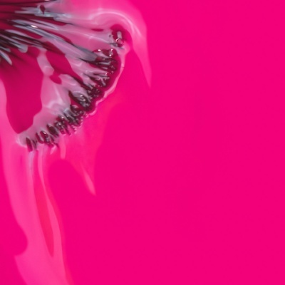 líquido rosa com forma escura irregular submersa