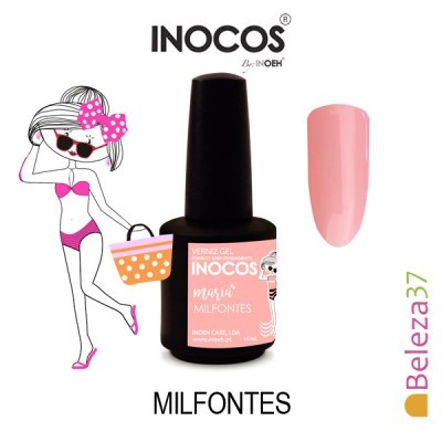 Verniz gel INOCOS rosa Milfontes com amostra da cor e ilustração feminina