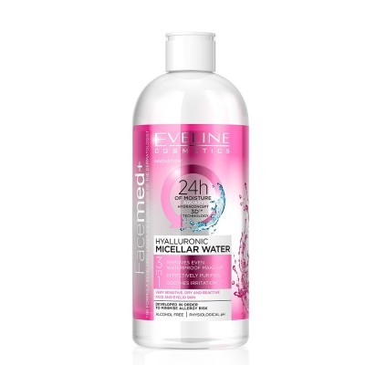 Frasco de água micelar hialurónica Eveline Cosmetics com rótulo rosa