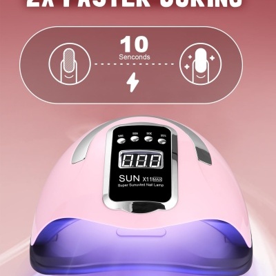 Lâmpada de unhas SUN X11 Max rosa com visor digital e texto promocional em fundo rosa