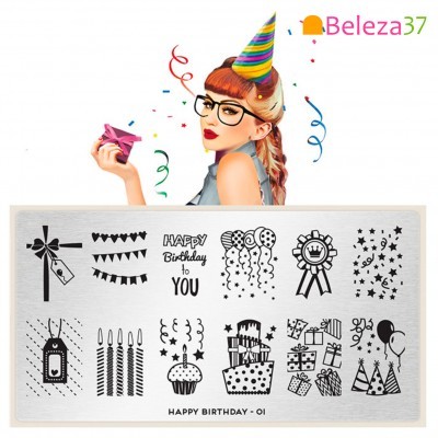 Placa metálica com desenhos de carimbos de aniversário em preto e imagem de mulher com chapéu de festa