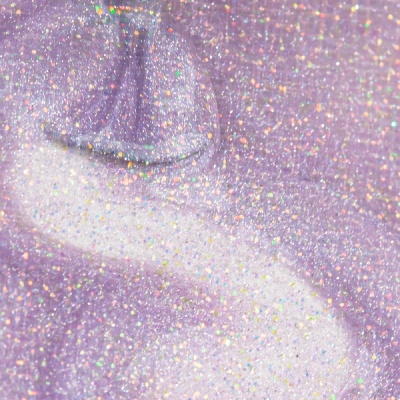 Objeto cilíndrico decorativo lilás com brilho e partículas multicoloridas