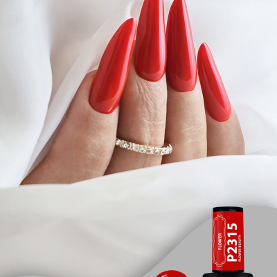 Unhas longas vermelhas e embalagem de verniz gel púrpura