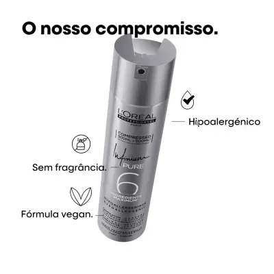 Frasco prateado do spray Infinium Pure 6 da L'Oreal com texto e ícones explicativos