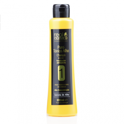 Frasco amarelo de champô Real Natura Puro Tónico Alho com rótulo preto e tampa preta