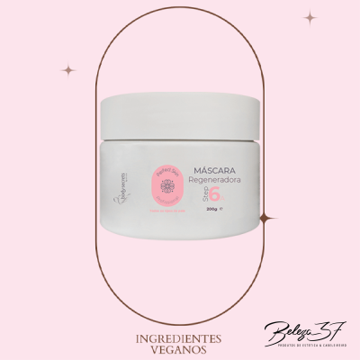 Frasco branco de máscara regeneradora com rótulo rosa e texto em fundo rosa