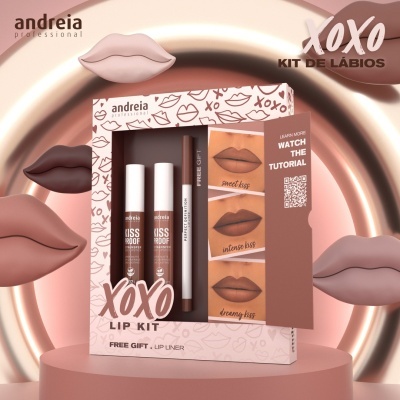 Kit de lábios XOXO da andreia professional com dois batons, lápis para lábios e amostras de cores em embalagem decorada