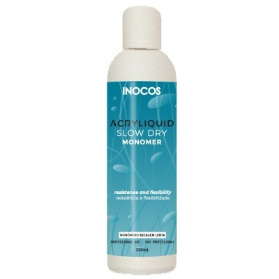 Frasco branco com rótulo azul de monómero para unhas INOCOS