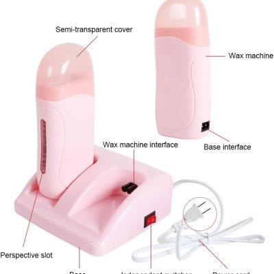Máquina de depilação rosa com base, tampa semitransparente e cabo de energia