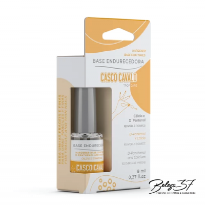 Base endurecedora CASCO CAVALO para unhas em caixa branca e laranja claro com frasco transparente