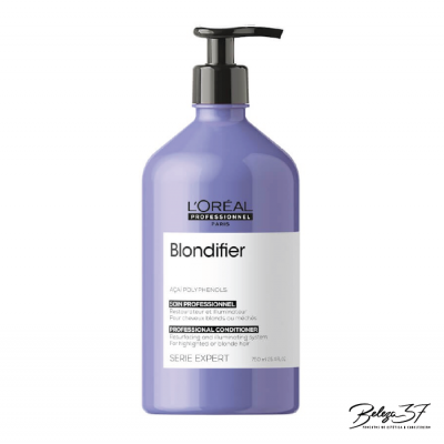 Frasco lilás de condicionador Blondifier L'Oréal Professionnel com tampa de bomba preta e rótulo branco