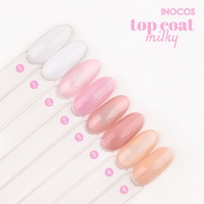 Amostras de verniz para unhas em vários tons claros numerados com texto INOCOS top coat milky