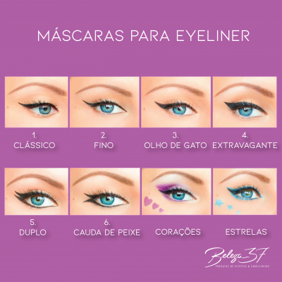 Oito olhos femininos com diversos estilos de eyeliner preto e nomes dos estilos