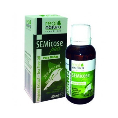 Produto SEMicose plus para unhas da Real Natura, frasco de vidro castanho e embalagem verde e branca
