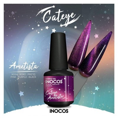 Verniz gel Inocos Cat Eye Ametista com amostras de unhas em rosa, roxo e preto