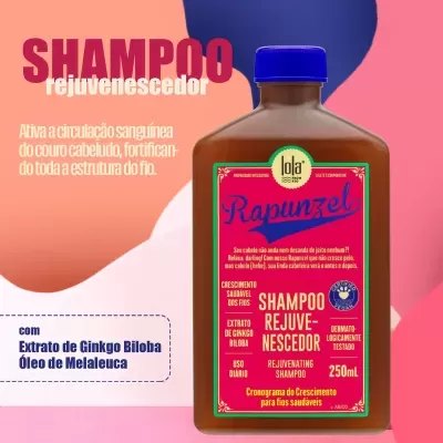 frasco de shampoo rejuvenescedor Rapunzel marca Lola com rótulo vermelho e tampa azul