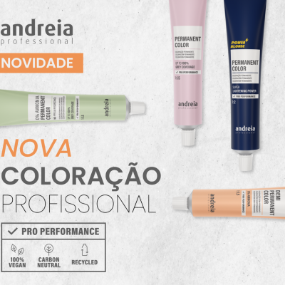 Tubos coloridos de coloração capilar Andreia Professional com texto promocional em fundo cinza