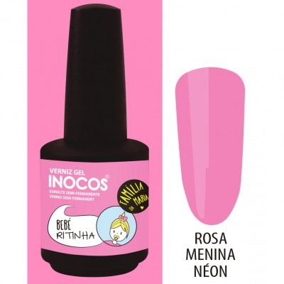Frasco de verniz gel INOCOS rosa menina néon com rótulo e amostra de cor