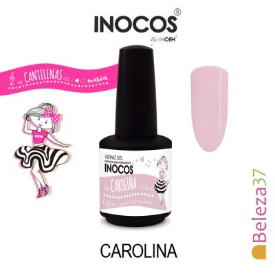 Verniz gel INOCOS cor CAROLINA com embalagem preta e rótulo rosa e branco