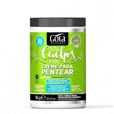 Frasco verde e preto de creme para pentear Gota Dourada Cachos Definidos 1kg