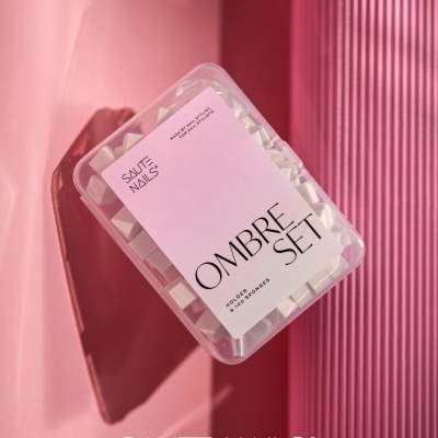Conjunto OMBRÉ SET SAUTE NAILS com suporte e 100 esponjas para unhas em embalagem plástica transparente