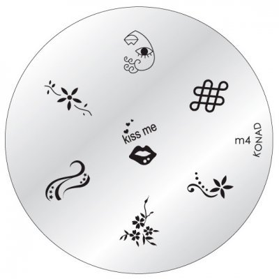 Placa metálica redonda para carimbos de unhas com desenhos pretos diversos