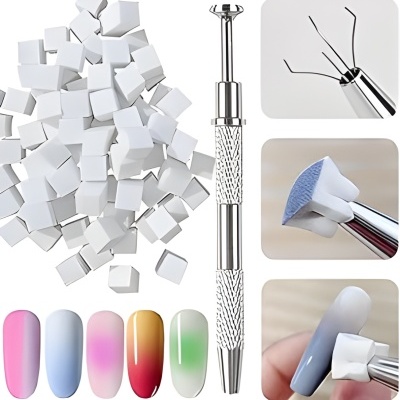 Unhas postiças brancas, aplicador metálico prateado e imagens detalhadas do aplicador