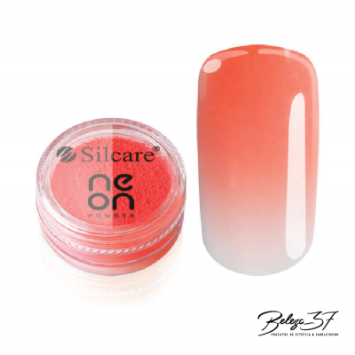 Pó para unhas Silcare Neon Powder coral com amostra de unha degradê coral e branco