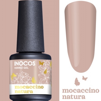 Frasco de verniz gel Inocos cor Mocaccino Natura com amostra da cor